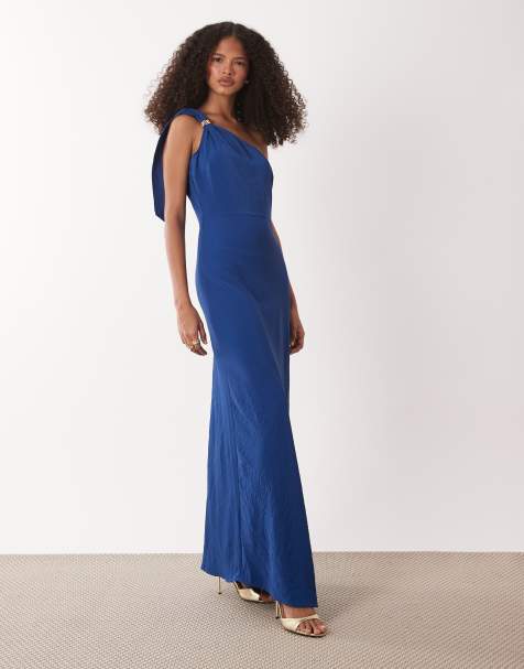 JDY one shoulder maxi dress with gold trim in navy