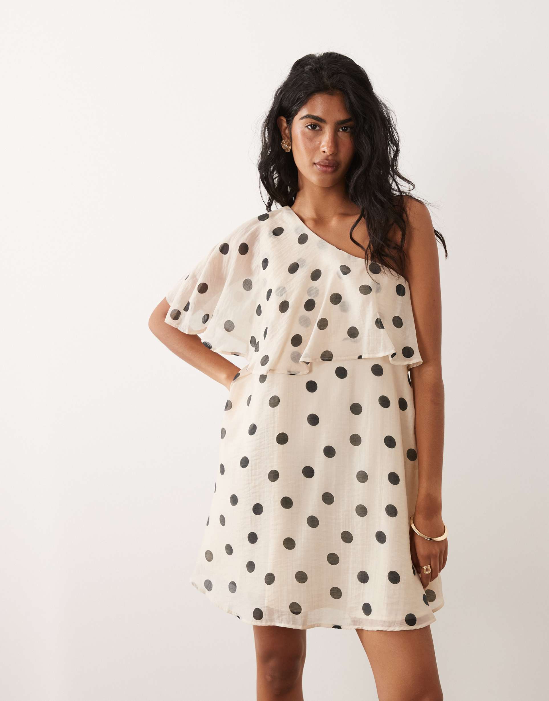 jdy one shoulder mini dress with ruffle layer in white polka dot print