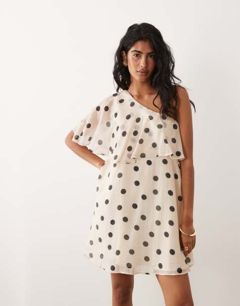 JDY one shoulder mini dress with ruffles in white polka dot - view 1