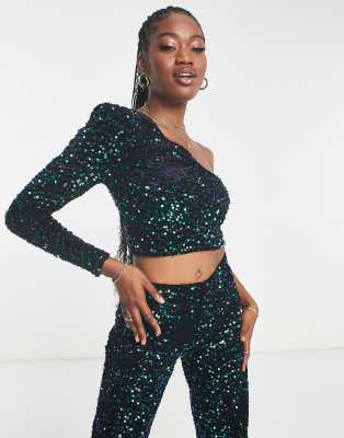 JDY one shoulder sequin crop top co-ord in green & black