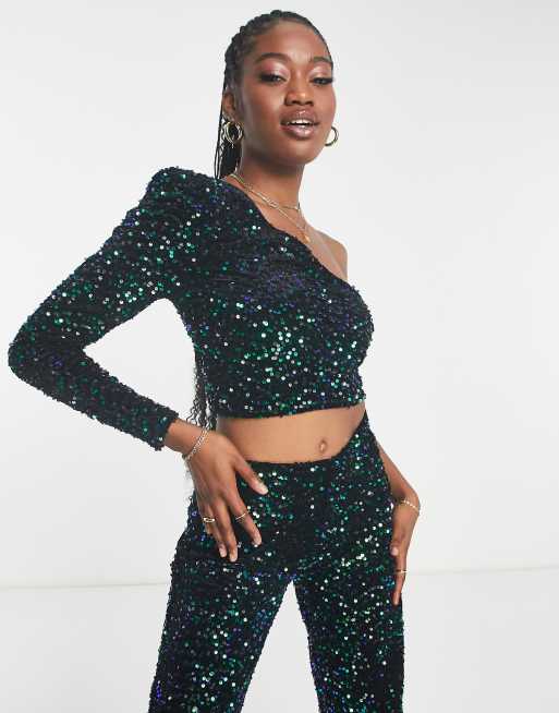 JDY one shoulder sequin crop top co ord in green black ASOS