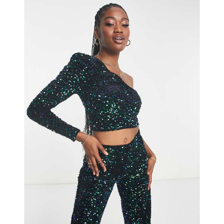 JDY one shoulder sequin crop top in green black part of a set