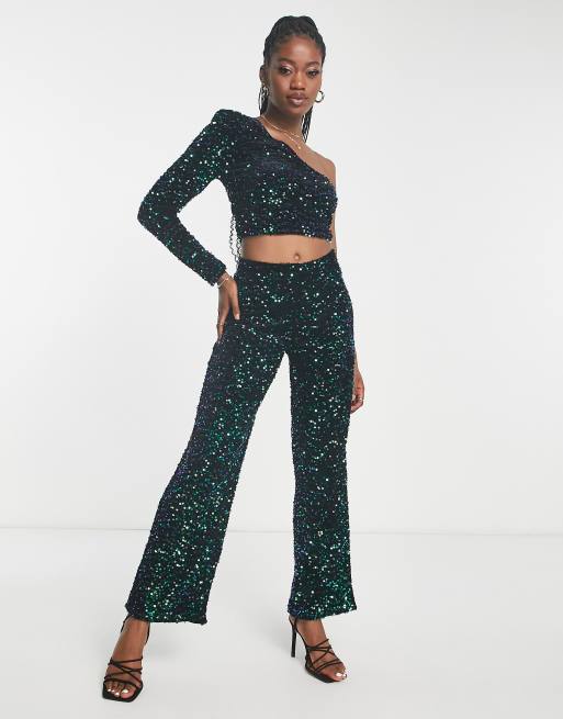 JDY one shoulder sequin crop top in green black part of a set