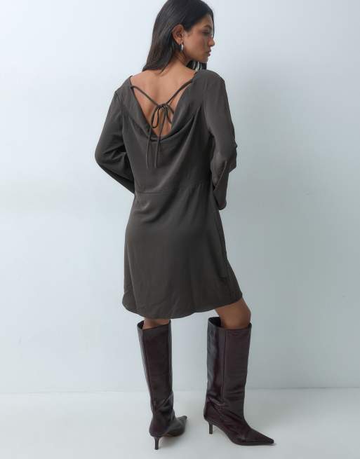 JDY open back mini dress in brown, 5 of 5