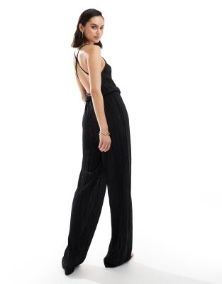 Jdy Open Back Plisse Jumpsuit In Black