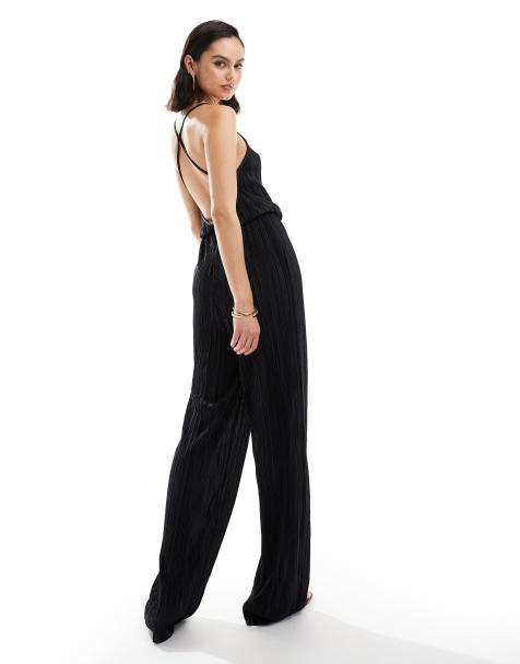 JDY open back plisse jumpsuit in black - view 1