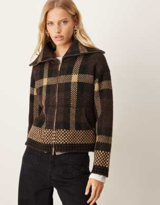 Jdy Open Collar Zip Cardigan In Brown