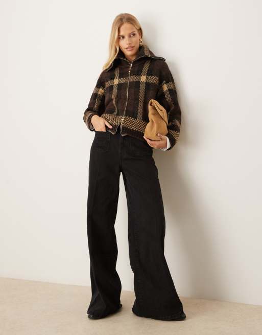 JDY open collar zip cardigan in brown checks, 2 of 4