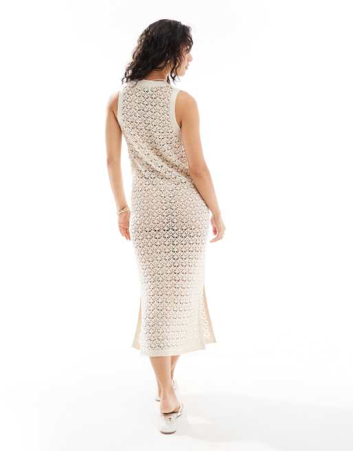JDY open crochet midi tank dress in stone, 4 of 4