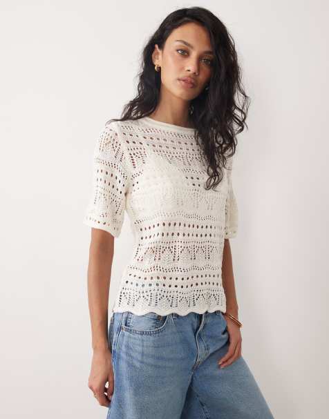 JDY crochet open knit half sleeve top in cream