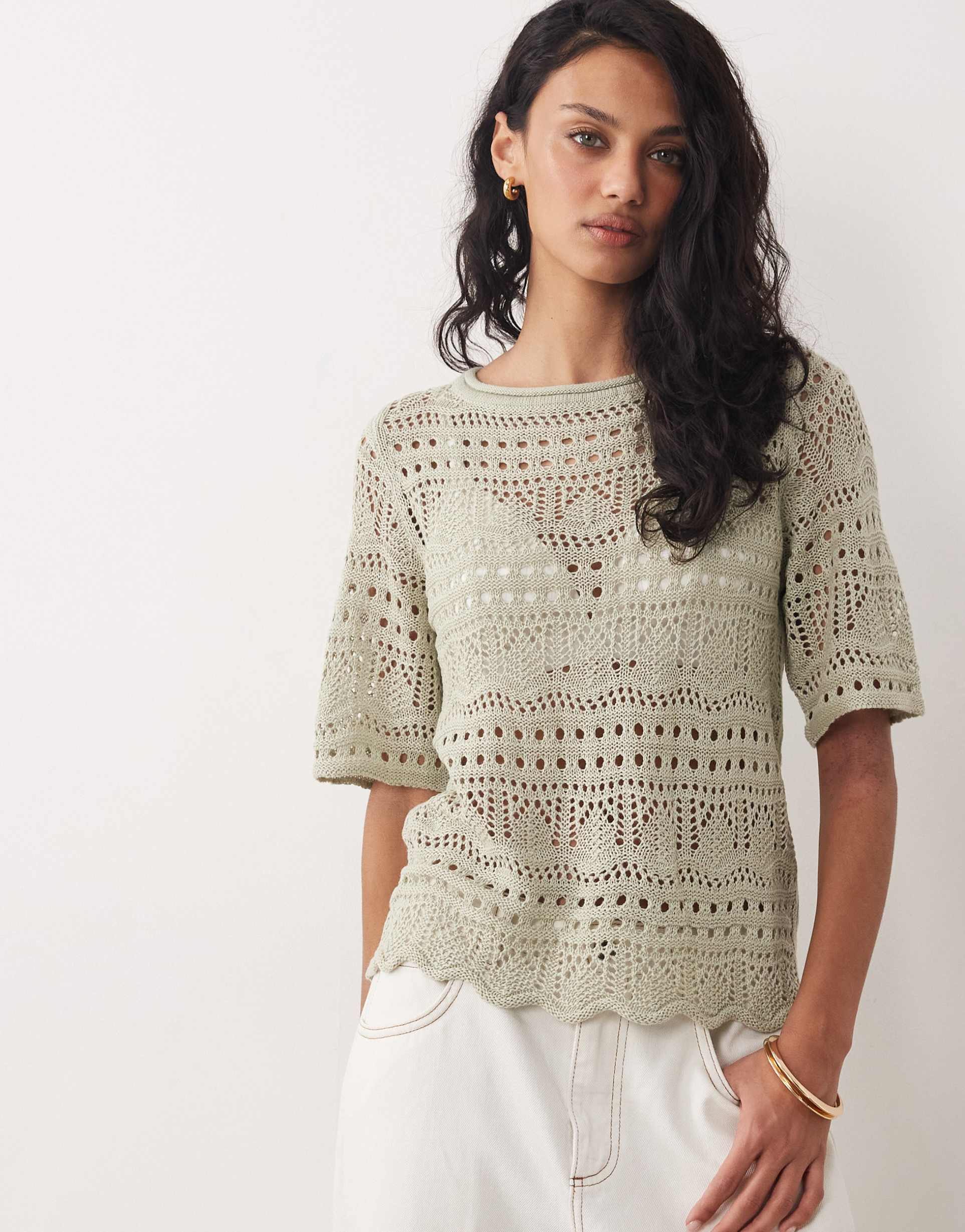 jdy open knit boxy half sleeve top in sage