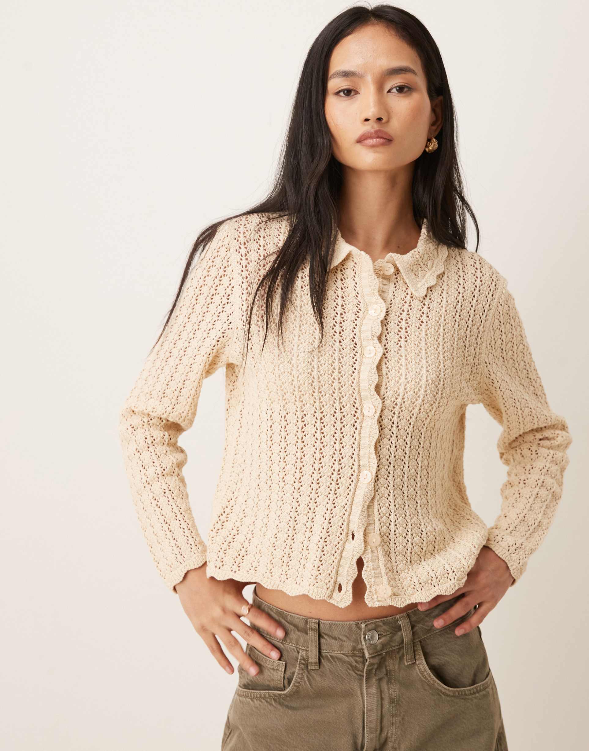 jdy open knit polo neck cardigan in cream