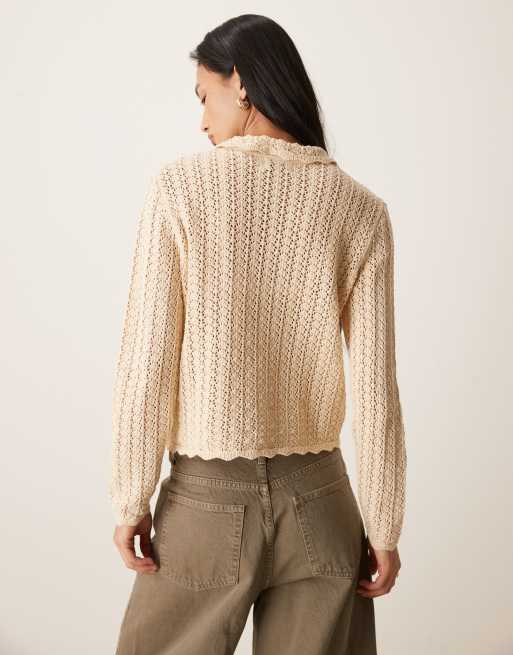 JDY open knit polo neck cardigan in cream, 4 of 4