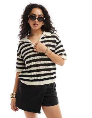 Jdy Open Knit Polo Top In Black And White Stripe