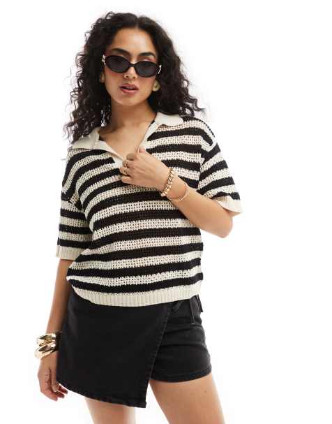 JDY open knit polo top in black and white stripe - view 1