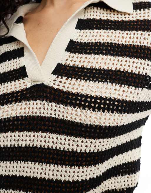 JDY open knit polo top in black and white stripe, 4 of 4
