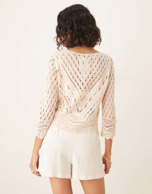 JDY open knit scallop edge top in beige, 2 of 4