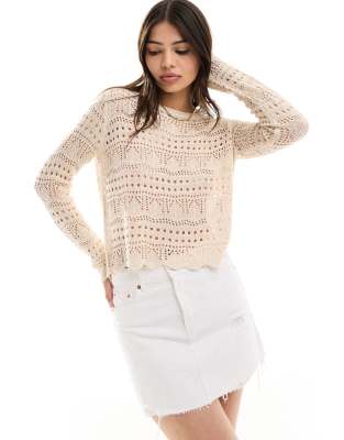 Jdy Open Knit Scallop Edge Top In Beige-neutral