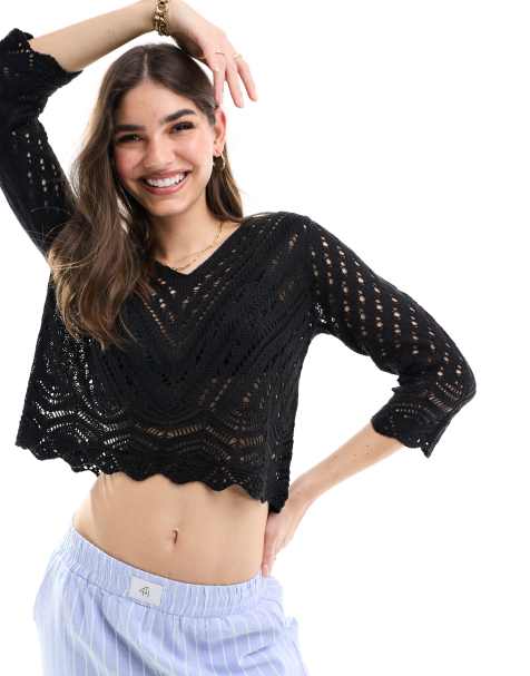 JDY open knit scallop edge top in black - view 1