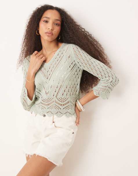 JDY open knit scallop edge top in light green - view 1