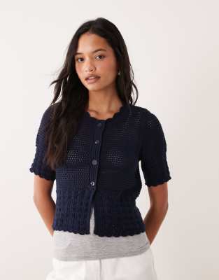 JDY open knit short sleeve cardigan in navy