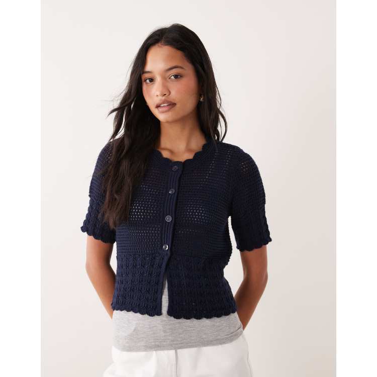JDY open knit short sleeve cardigan in navy | ASOS