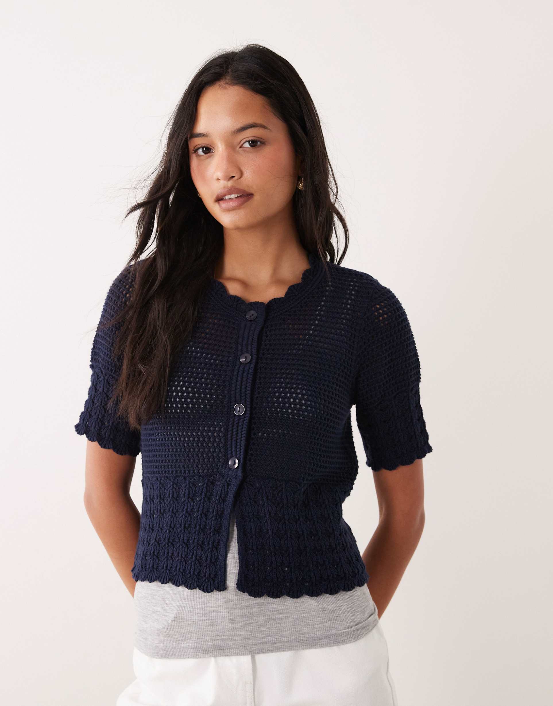 jdy open knit short sleeve cardigan in navy
