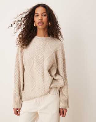 JDY - Oversize-Strickpullover in Hellbeige mit Zopfmuster-Neutral