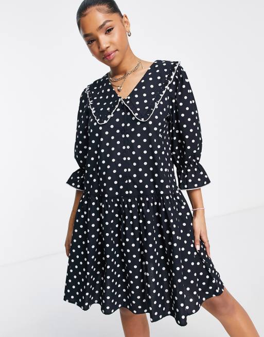JDY oversized collar puff sleeve mini dress in black spot