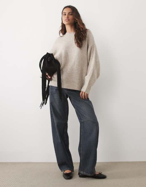 JDY oversized crew neck knit sweater in cream melange, 2 of 4