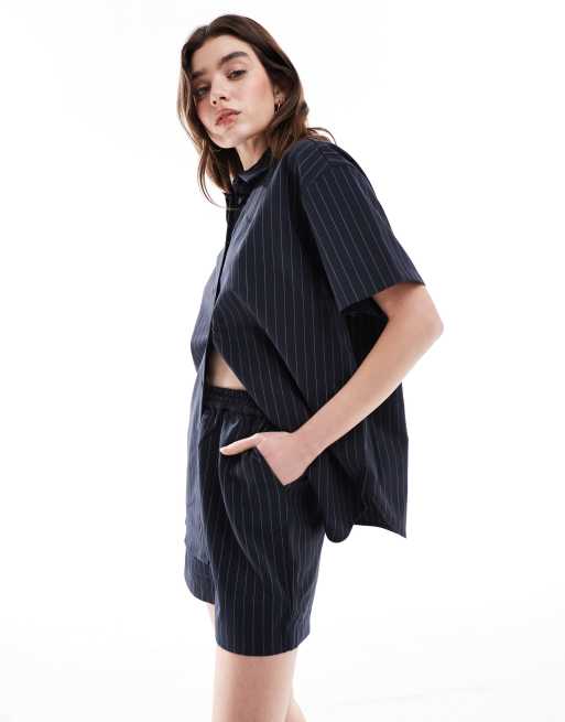 JDY oversized pinstripe shorts in navy (part of a set) 