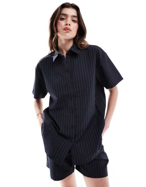 JDY - Oversized recht overhemd in marineblauw met krijtstreep, deel van co-ord set 