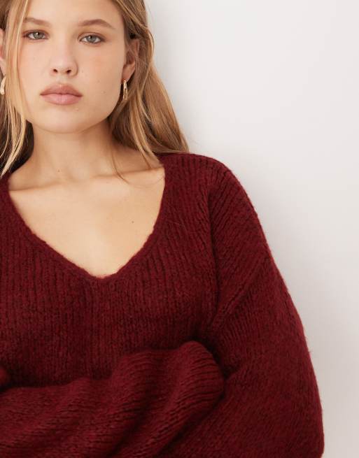 JDY oversized reversible knit jumper in burgundy , 2 of 4