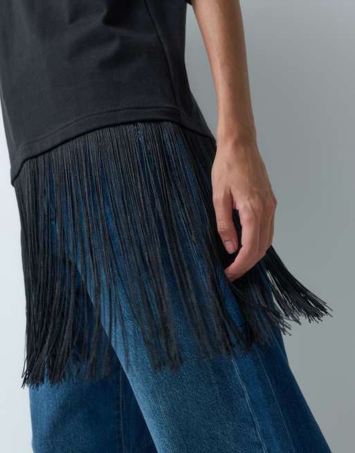 JDY oversized t-shirt with fringes detail in black, 3 of 5