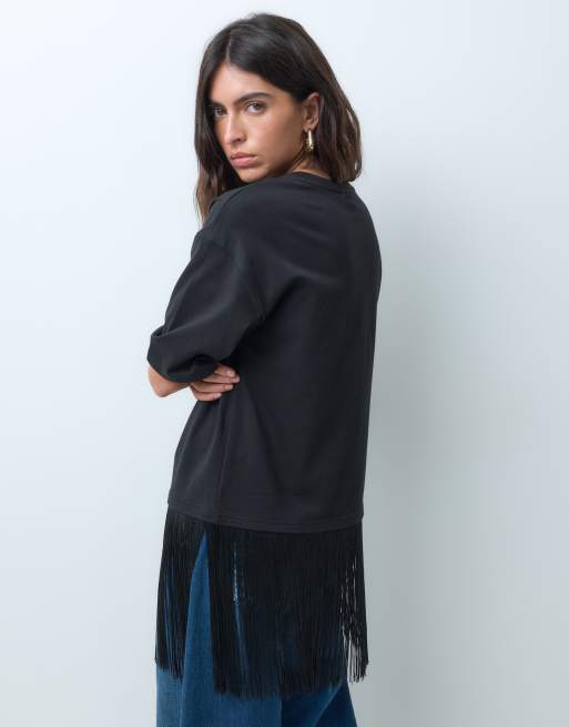 JDY oversized t-shirt with fringes detail in black, 4 of 5