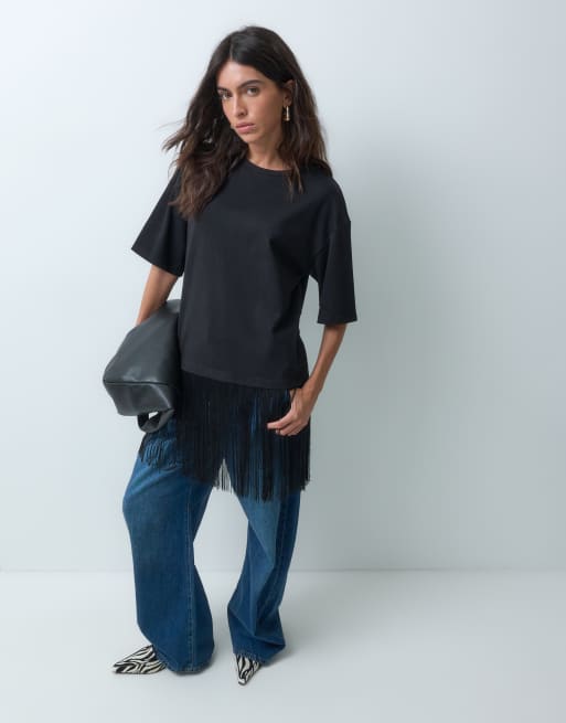 JDY oversized t-shirt with fringes detail in black, 5 of 5