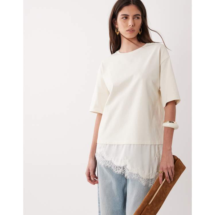 JDY oversized T-shirt with lace detail in white | ASOS