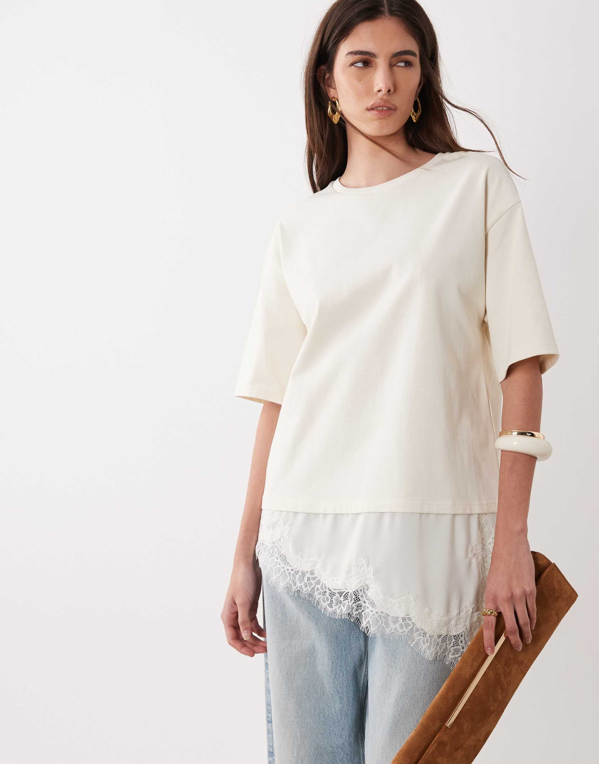 jdy oversized t-shirt with lace detail in white
