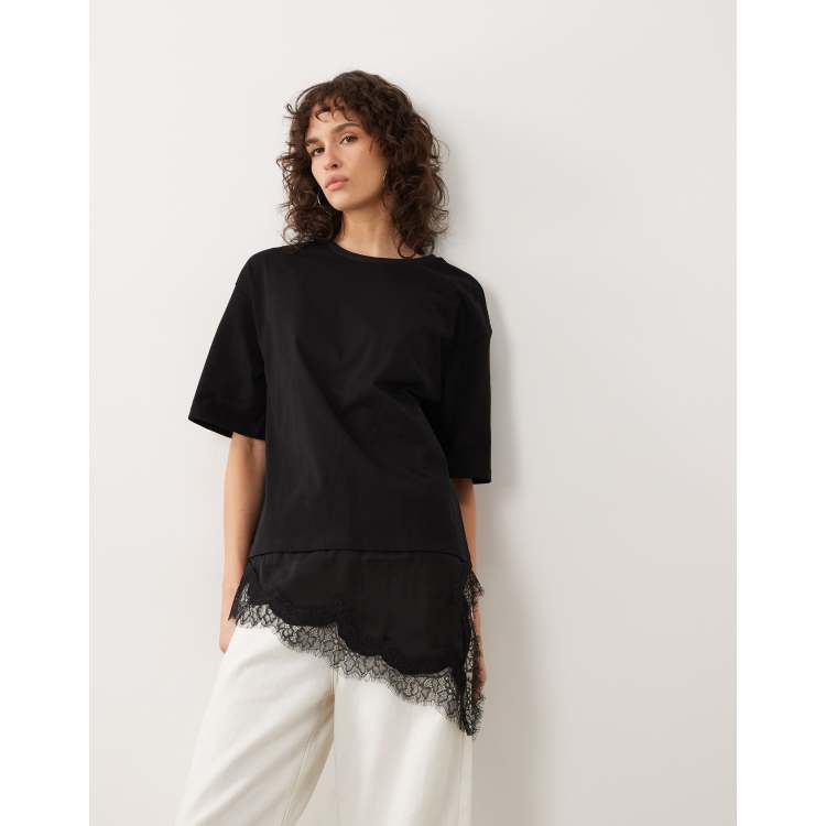 JDY oversized T-shirt with lace details in black | ASOS