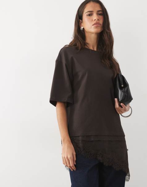 JDY oversized t-shirt with lace details in brown - view 1