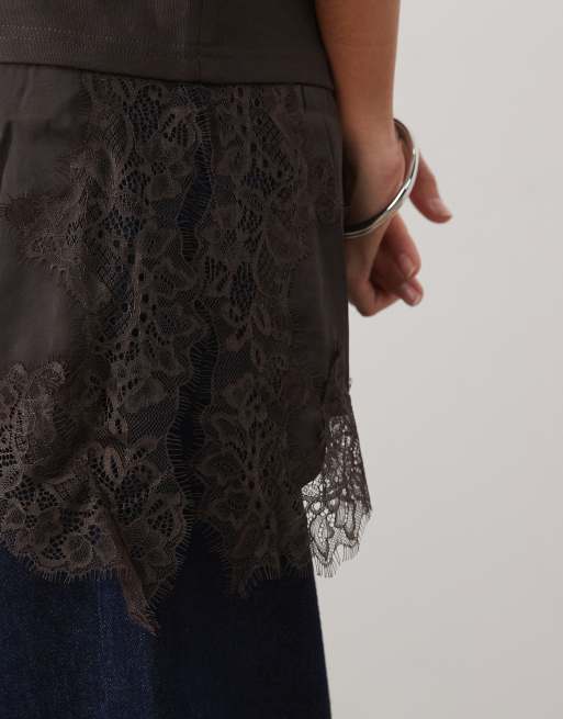 JDY oversized t-shirt with lace details in brown, 2 of 4