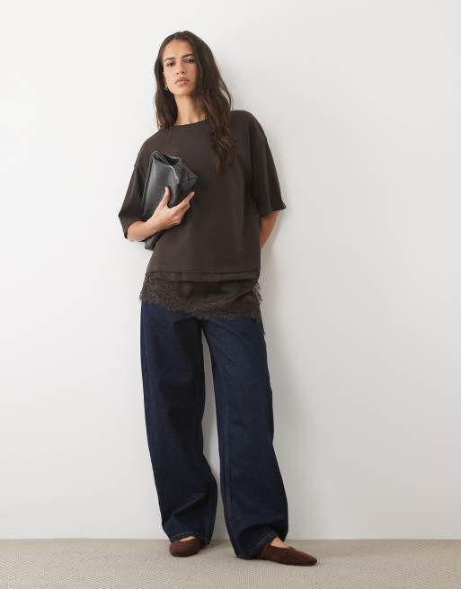 JDY oversized t-shirt with lace details in brown, 3 of 4