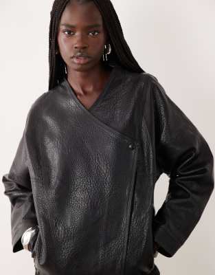 Jdy Oversized V-neck Faux Leather Jacket In Black