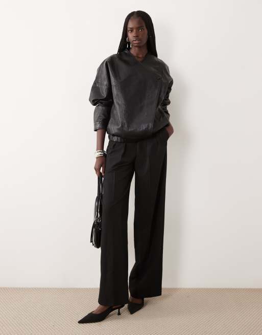 JDY oversized v-neck faux leather jacket in black , 4 of 4