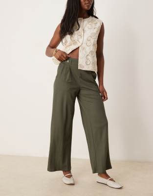 JDY - Pantalon large coupe courte à taille haute - Vert foncé