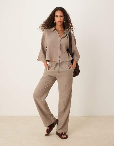 JDY - Pantalon large d'ensemble en gaze - Marron clair - view 1