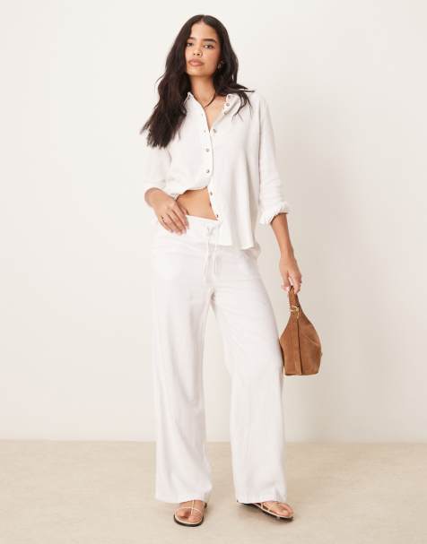 JDY - Pantalon large d'ensemble en lien mélangé avec liens à la taille - Blanc - view 1
