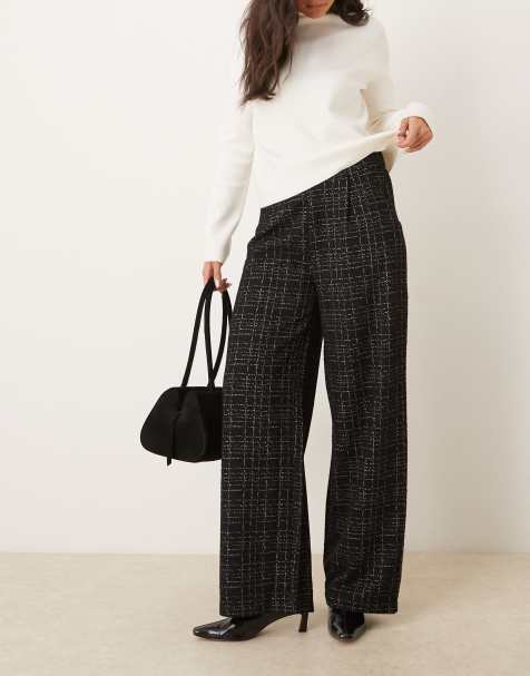 JDY - Pantalon large texturé à taille haute et motif carreaux - Noir - view 1