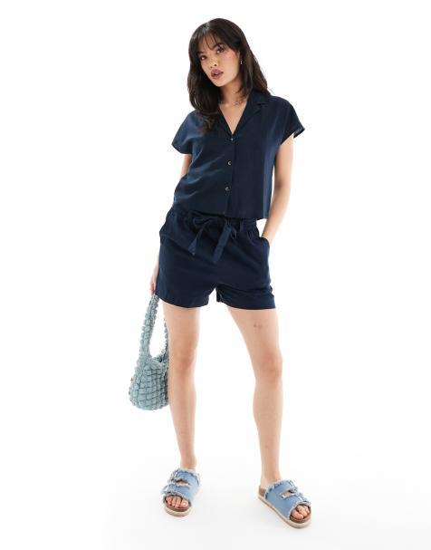 JDY - Pantaloncini in misto lino color blu navy con laccetti in coordinato - view 1