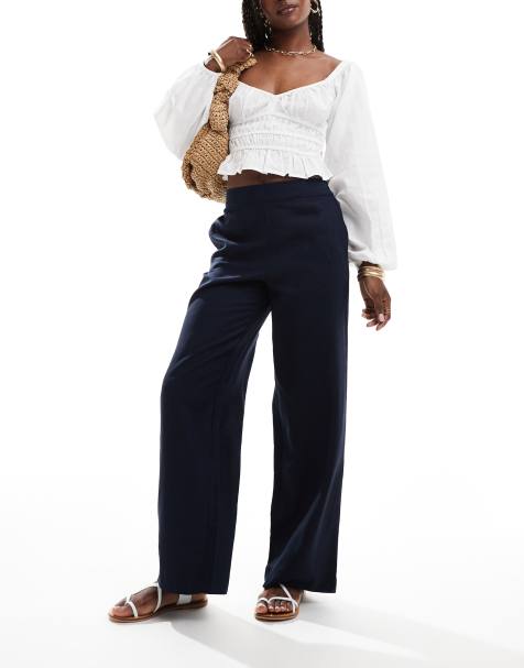 JDY - Pantaloni a vita alta effetto lino blu navy - view 1